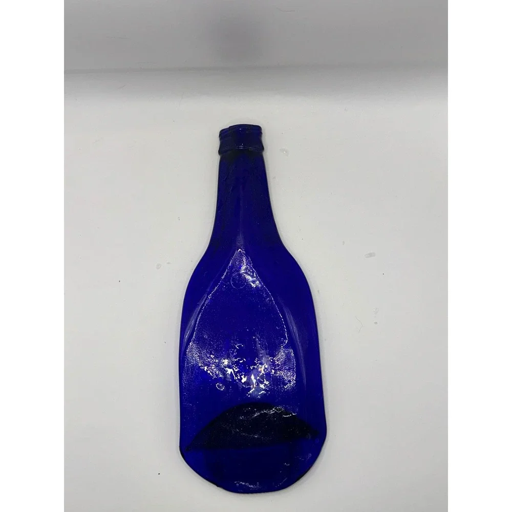 Cobalt Blue Flattened Wine Bottle Spoon Rest Upcycled Glass Melted Bottle Tray